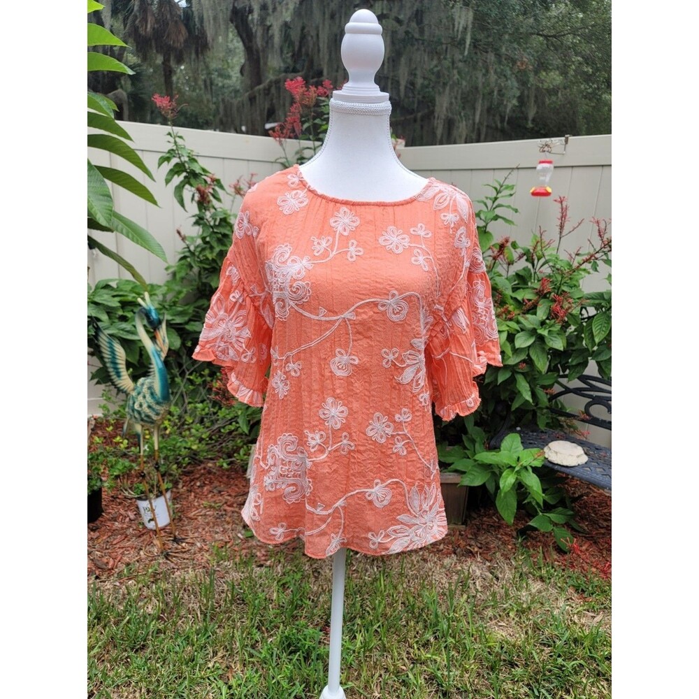 Coral Embroidered Boho Peasant Blouse Flutter Sleeve Floral Cottagecore Top sz S
